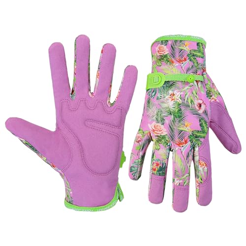 HANDLANDY Women Safety Work Gloves Utility Touch Screen Working Grip Glove for Yardwork Gardening Breathable Mechanic Gloves Pink (Flower) Large (Pack of 1)