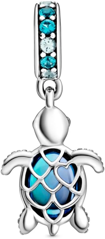 PANDORA Murano Glass Blue Sea Turtle Dangle Charm - Compatible Moments Bracelets - Jewelry for Women - Gift for Women - Made with Sterling Silver & Man-Made Crystal