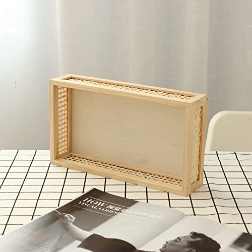 Yahuan Rectangular Wooden Bamboo Serving Tray With Handles, Handwoven Rattan Decorative Display Serving Platters, Guest Towel Napkin Holder For Dining Bathroom Table Desktop (Rectangular Bamboo) #TOP3