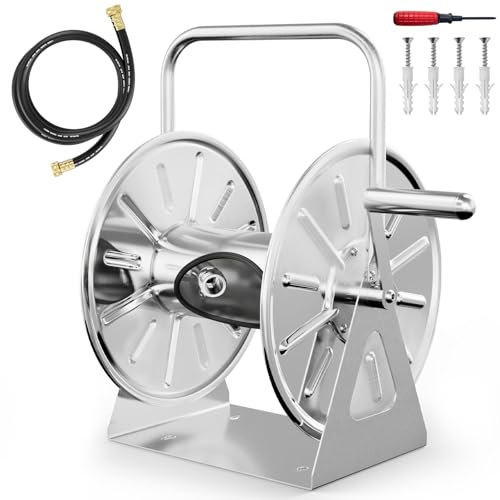 SPECILITE Stainless Steel Garden Hose Reel, Portable Outdoor Metal Wall Mount/Floor Spool, Holds 5/8 Inch 75ft Capacity, with 6ft Leader Water Pipe, UV Resistant Yard, Patio