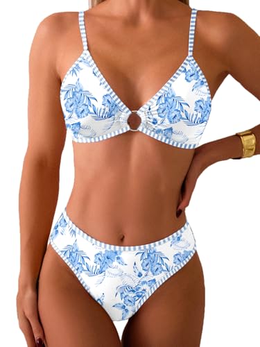 Fanuerg Women's Triangle Bikini Sets O Ring Linked Two Piece Swimsuits Floral Printed Cheeky Bathing Suit