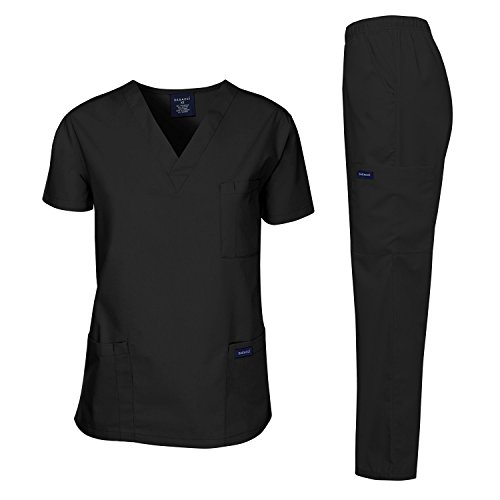 Dagacci Scrubs Medical Uniform Unisex Scrubs Set Medical Scrubs Top And Pants (X-Large, Black) #TOP21