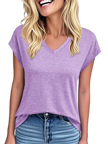 YOKGO Womens Summer Tops Short Sleeve Shirts V Neck Basic Tees Cap Sleeve T Shirts Casual Trendy Spring Fashion Clothes 2025 Light Purple