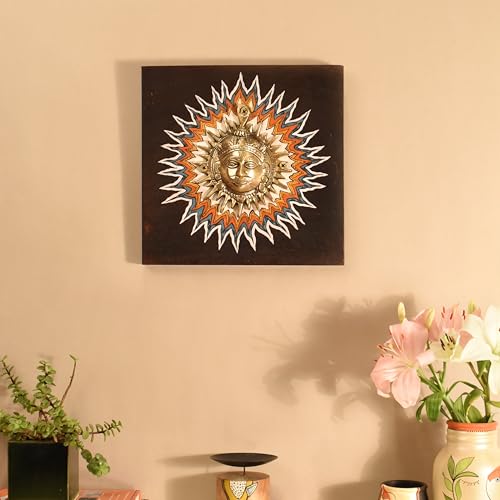 Image of Surya-I Wall decor frame with beautiful Brass Sculpture of Surya Dev | Handcrafted Wall Art for Home Decor & Office Spaces