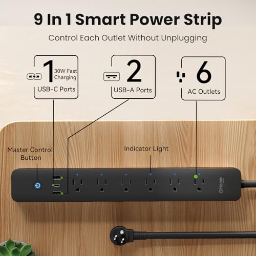 Image of GHome Smart Power Strip 15A, 2.4G WiFi Smart Plugs That Work with Alexa & Google Home, Surge Protector Flat Plug with 6 APP Control WiFi Outlets, FCC Listed, 7.18 Ft Flat Extension Cord, No Hub Needed
