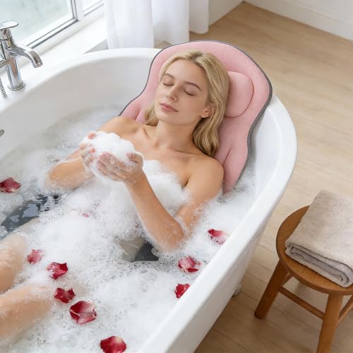 ALKNOT - Ganzkörper Badewannenkissen für die Badewanne, Verdicktes Badewannenmatte mit Kopfstütze unterstützt Nacken, Rücken und Beine, Badewannenkissen Mit SaugnäPfen und Hängehaken (Rosa)