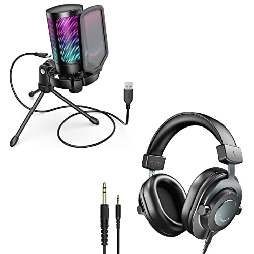 Fifine Condenser Mic And 3.5Mm/6.35Mm Headphones For Studio Monitor, Rgb Gaming Mic With Quick Mute, Gain Control, Wired Headphones For Podcast Monitoring, Streaming (A6V+H8) #TOP8