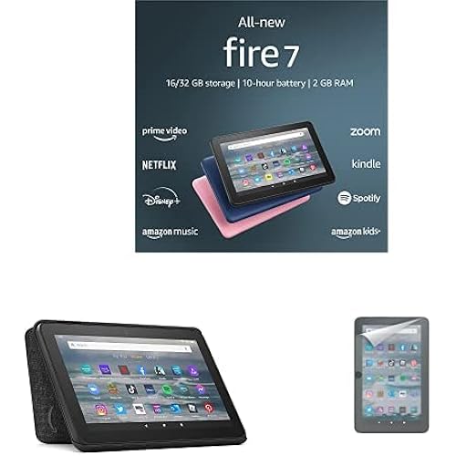 All-new Fire 7 tablet (16 GB, Black, Ad-Supported) + Amazon Standing Case (Black) + Screen Protector (2-Pack)