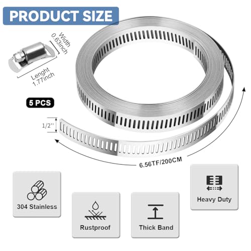Image of Serplex 6.6ft Hose Clamp Roll 304 Stainless Steel Hose Clips with 5 Fastening Bolts Attachment Cuttable Hose Clamp Band for Plumbing, Pipe Repairing, DIY