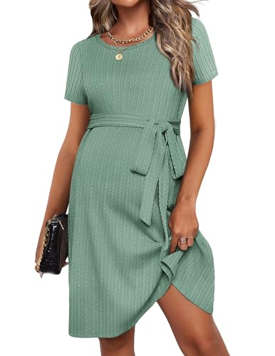 Ekouaer 2024 Women's Maternity Dress Short Sleeve Casual Crew Neck Loose Midi Pregnancy Dress Mint Green M