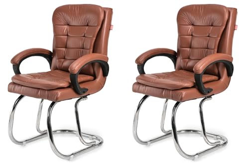 Image of GOYALSON Leatherette Double Cushion Office Guest Chair Sleek, Comfortable Seating for Visitors in Lobby, Reception (2, Brown, Double Pipe Chrome Steel Frame)