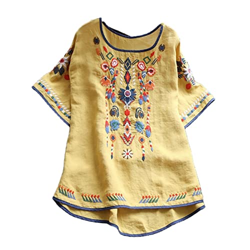 Mayntop Women Cotton Linen Retro Embroidered Round Neck Short Sleeve Loose Peasant Blouse Ethnic Mexican Tribal Summer Top T Shirt Shirt A Yellow L #TOP21