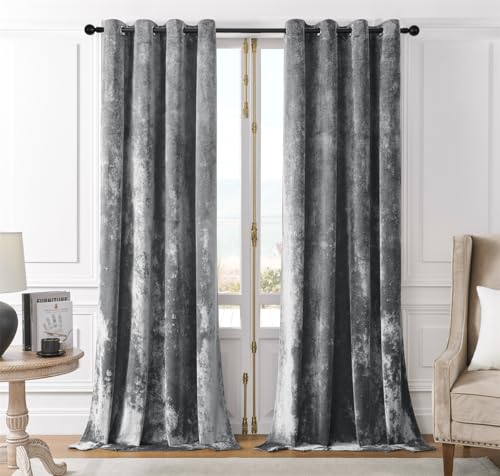 SMILETIME Grey Crushed Velvet Grommet Curtains