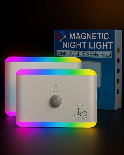 Nordmoose 2-Pack Magnetic Night Light for Cruise Ship Cabin Walls - Fun Color Changing Dimmable Travel NightLight for Kids Room - Motion Sensor Rechargeable Light