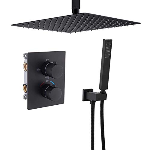 Système de douche thermostatique encastré noir avec ciel de pluie et douchette à main