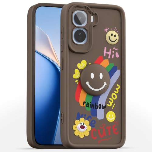 Image of Pikkme Back Cover for Vivo T5 Pro 5G | Soft Silicone| Cute Rainbow Smile & 3D Cartoon Flower Design | Shockproof Raised Camera Protection Bumper Case (Brown)
