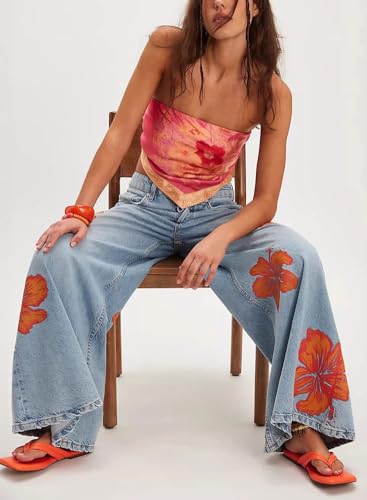chouyatou Women's Retro Flare Wide Leg Jeans Floral Printed High Waist Palazzo Jean Trousers Denim Pants4