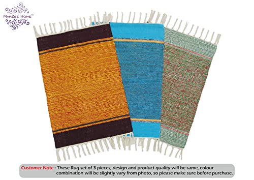 Image of MAHZEE HOME� Hand Woven Cotton Multicolor Small Rug for Bedroom, Living Room, Kids Room and Kitchen | Size : 1'4 inchx2' Feet or 16x24 Inch or 40x60 cm| 100% Organic| Machine Washable (Combo of 3 Pcs)