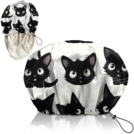 Luxury Shower Cap Adjustable Reusable Double Waterproof Layer Elastic Satin Lined Hair Bath Cap Cute Aesthetic Women Girls-Cat