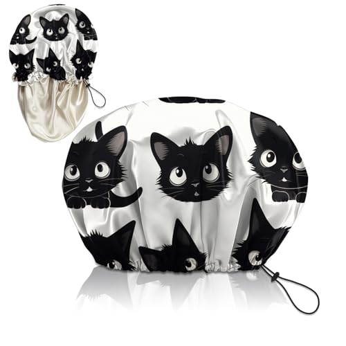 Zewurtuw Luxury Shower Cap Adjustable Reusable Double Waterproof Layer Elastic Satin Lined Hair Bath Cap Cute Aesthetic Women Girls-Cat