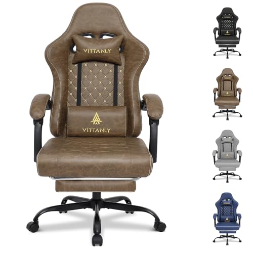 Vittanly Gaming Stuhl mit Frühling Kissen, Ergonomischer Gaming Chair Gamer Stuhl mit Kopfstütze, Lendenkissen und Fußstütze, Höhenverstellbarer Drehbarer Gaming Sessel Bürostuhl 150 kg, Braun
