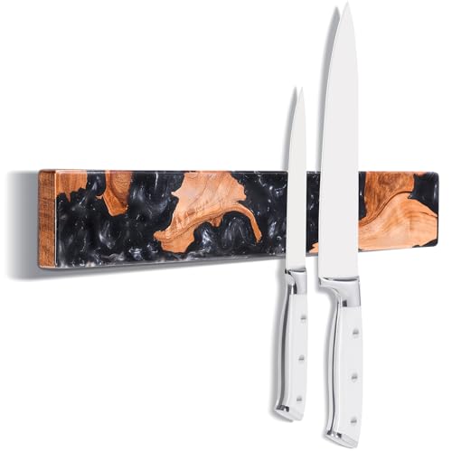 Image of ENOKING Magnetic Knife Holder for Wall 16 Inch, Acacia Burl Wood & Black Resin Magnetic Knife Strip Bar, Powerful Magnet Kitchen Knife Storage Rack, Space-Saving Wall Mounted Organizer