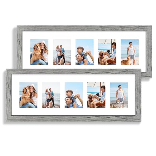 Hongkee 8x24 Picture Frame Set of 2, Collage Five 4x6 with Mat, Real Glass