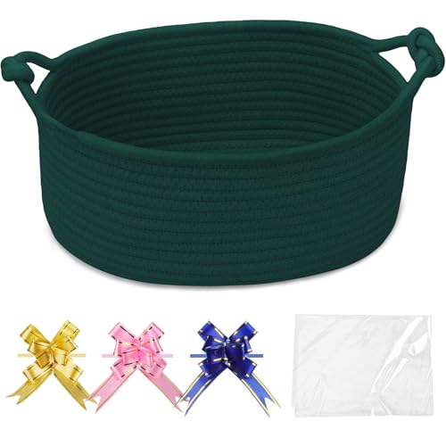 Image of COMSE Small Gift Basket Empty with Bag & Ribbons, Solid Dark Green