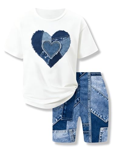 Voxikidio Size 11-12 Girls Summer Outfits Heart Print Short Sleeve 2 Piece Set Little Girl Clothes Blue Szie 11-12