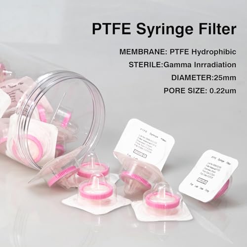 Image of PEKYBIO 20 Pack Sterile Syringe Filter PTFE Hydrophobic Filtration 0.22um Pore Size, 25mm Membrane Diameter, Sterile Packed Individually for HPLC Sample Preparation
