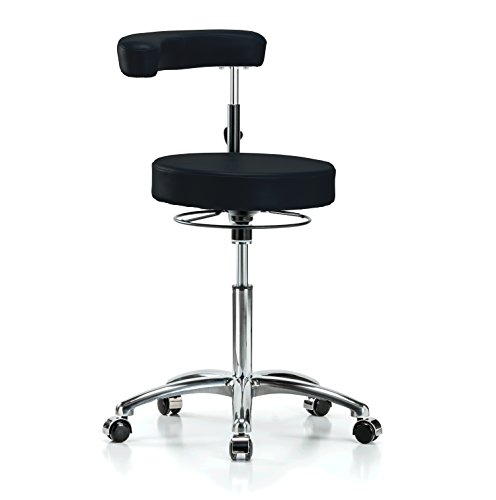 Perch Chrome Rolling Dental Stool Adjustable Height with Procedure Arm for Hardwood or Tile Floors, Workbench Height (Black Vinyl)