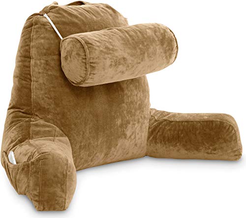 Husband Pillow XXL Tan Backrest with Arms - Adult Reading Pillow Shredded Memory Foam, Ultra-Comfy Removable Microplush Cover & Detachable Neck Roll, Unmatched Support for Bed Rest Sit Up Pillow