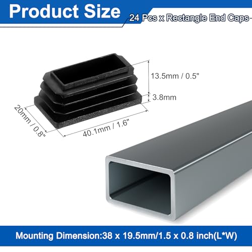 Image of uxcell 24 Pcs Rectangle Tubing End Caps 1 5 /8 x 25 /32 Inch Plastic Hole Plugs Insert End Cap for Metal Tubing Post Chair Leg Table Bookshelves Furniture, Black