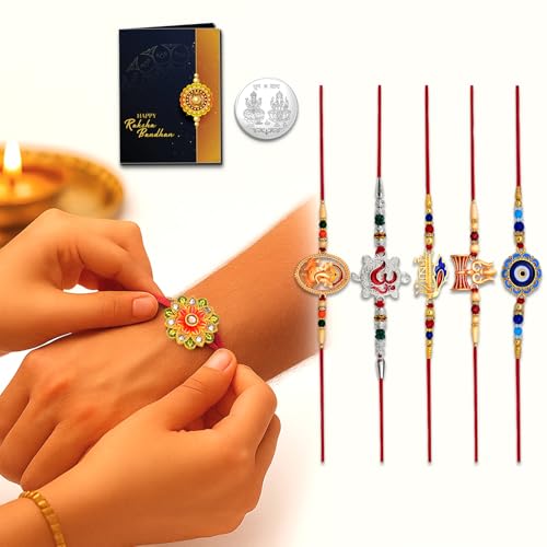 Image of Periapt Multicolour Metal Rakhi Set of 3 for Brother, Traditional Raksha Bandhan Festival Gift for the Whole Family