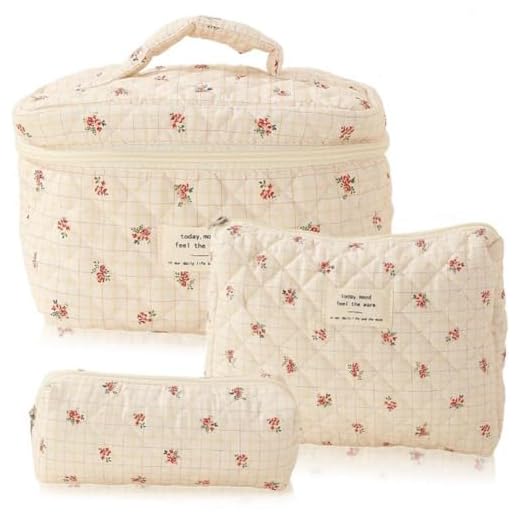 Bolsa de maquillaje acolchada de 3 piezas, bolsa de cosméticos para mujer, bolsa de maquillaje floral de algodón, bolsa de aseo de viaje grande, bolsa organizadora de maquillaje para accesorios