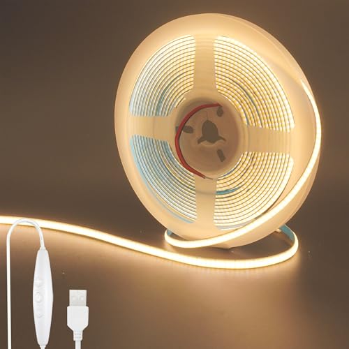 Image of 5V 5mm Width USB COB LED Strip Lights with Dimmable Switch,6.56FT /2M,Warm White 3000K,400LEDs /M,8W /M,CRI90,1500lm,Electroplated Double-Sided Panel Light Strip,IP20,for Indoor Decoration
