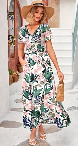 Image of WNEEDU Women's Summer Maxi Dress Short Sleeves Wrap V Neck Long Dresses with Pockets