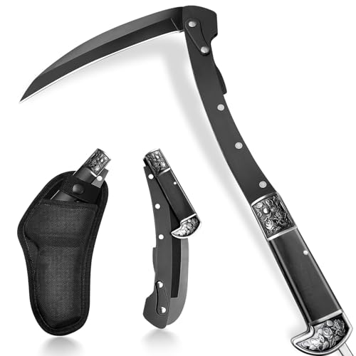 Cuchillo Hoz Plegable Negro con Mango de Madera y Funda