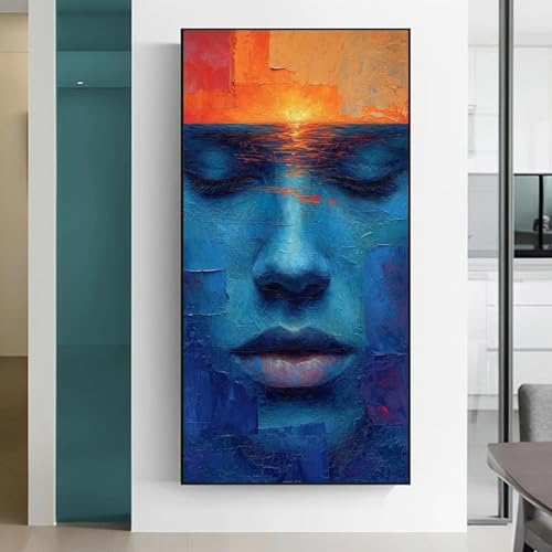 Toile peinture art mural bleu et visage fille 50x100cm