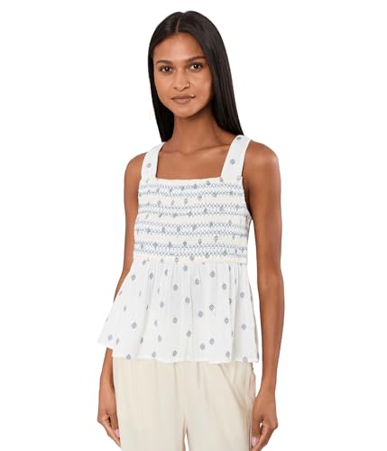 Liverpool Los Angeles, Women's, Sleeveless Smocked Woven Top with Embroidery, Off White, Small