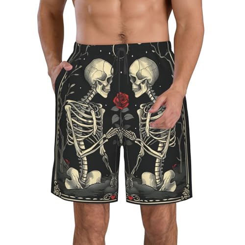 Men's Quick Dry Swim Shorts Skeletons Red Rose Tarot Gothic Love Vintage Beach Trunks with Pockets