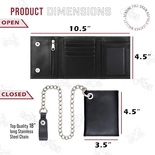 RAW HYD Leather Trifold Wallet - Vintage Key Chain Wallet - Rugged Genuine Leather Wallet w/ Steel Chain - Durable Men's Wallets w/ Snap Closure, Multiple Card Slots, ID Slot & Zipper Pocket (Black)3
