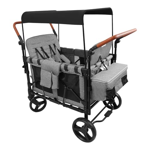 PSUFURV 4 Seater Wagon Stroller for Jeep Wrangler Deluxe, Foldable Double Push Bar Wagon for Kids with 5-Point Harnesses and Sun Visor Baby Wagons for Garden Camping