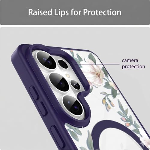 Image of VONZEE Compatible with Samsung Galaxy S26 Ultra 5G Case Luxury Retro Flowers Floral Clear for Magnetic Wireless Charging Case Shockproof PC+TPU Cute Glossy Shiny Cover for Girls Women, Deep Purple
