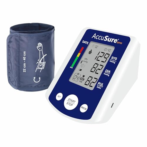 Image of AccuSure BP09 Digital Blood Pressure Monitor - Automatic Upper Arm BP Machine for Home Use, Large Display, WHO Indicator, Dual User Memory, Adjustable Cuff (22-40 cm), USB Type-C & Battery Powered | 2 Year Warrenty-blue