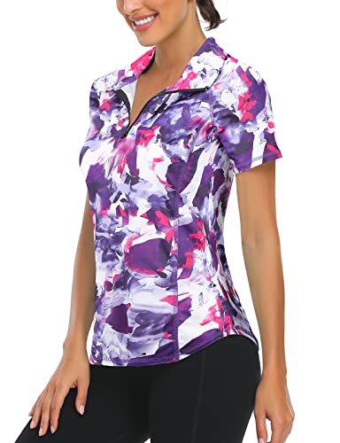 Luranee Golf Outfits For Women,Ladies Sun Protection Clothing Short Sleeve 1/4 Zip Up V Neck Tennis Tops Fast Dry Lightweight Athletic Clothes Tie Dye Xx-Large #TOP4