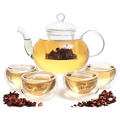 Moss & Stone 6 PCS Glass 27oz Tea Kettle Infuser Gift Set,Borosilicate Glass Teapot With Removable Glass Strainer, & 4 Cups Of 2.7 oz, Teapot With Strainer Cover