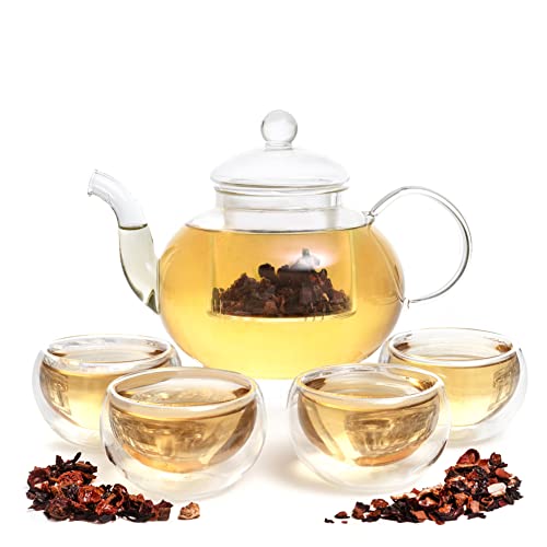 Moss & Stone Glass 27oz Tea Kettle Infuser & 4 Tea Cups Gift Set, Borosilicate Glass Teapot With Removable Glass Strainer & Teacups Of 2.7 oz, Teapot With Strainer Microwave Safe Tea Maker by Moss & Stone - Used condition - US$19.36