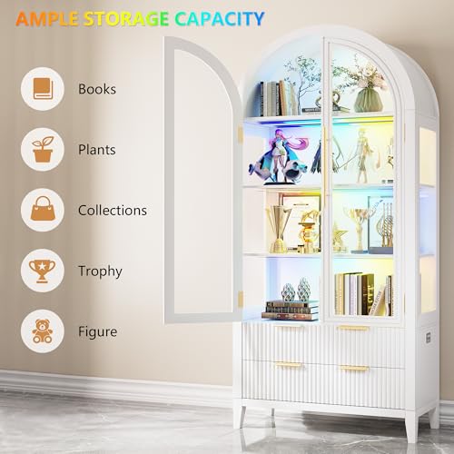 Image of LVSOMT 71 inch Arched Display Cabinet with Glass Doors and RGB Lights, White