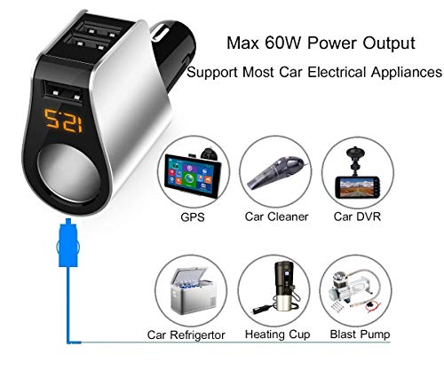 Car Charger Extension Cigarette Lighter Adapter,Socket Splitter with 3 USB and Voltage Meter,Compatible for iPhone 8/7/X/6S/XR,iPad,Samsung Galaxy S9/S8,iPad,GPS,Android Phone (Silver)